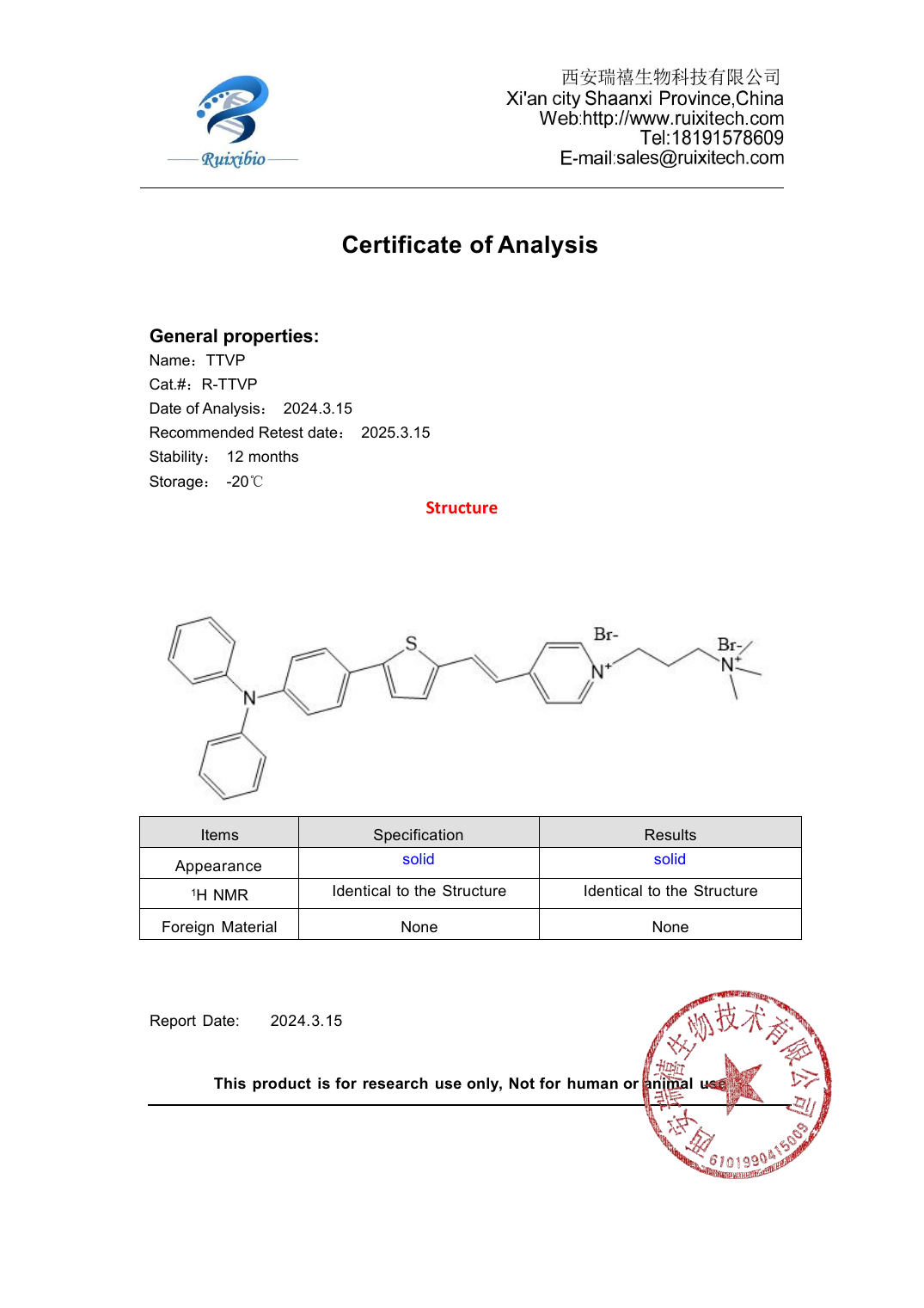 西安瑞禧生物 ttvp COA
